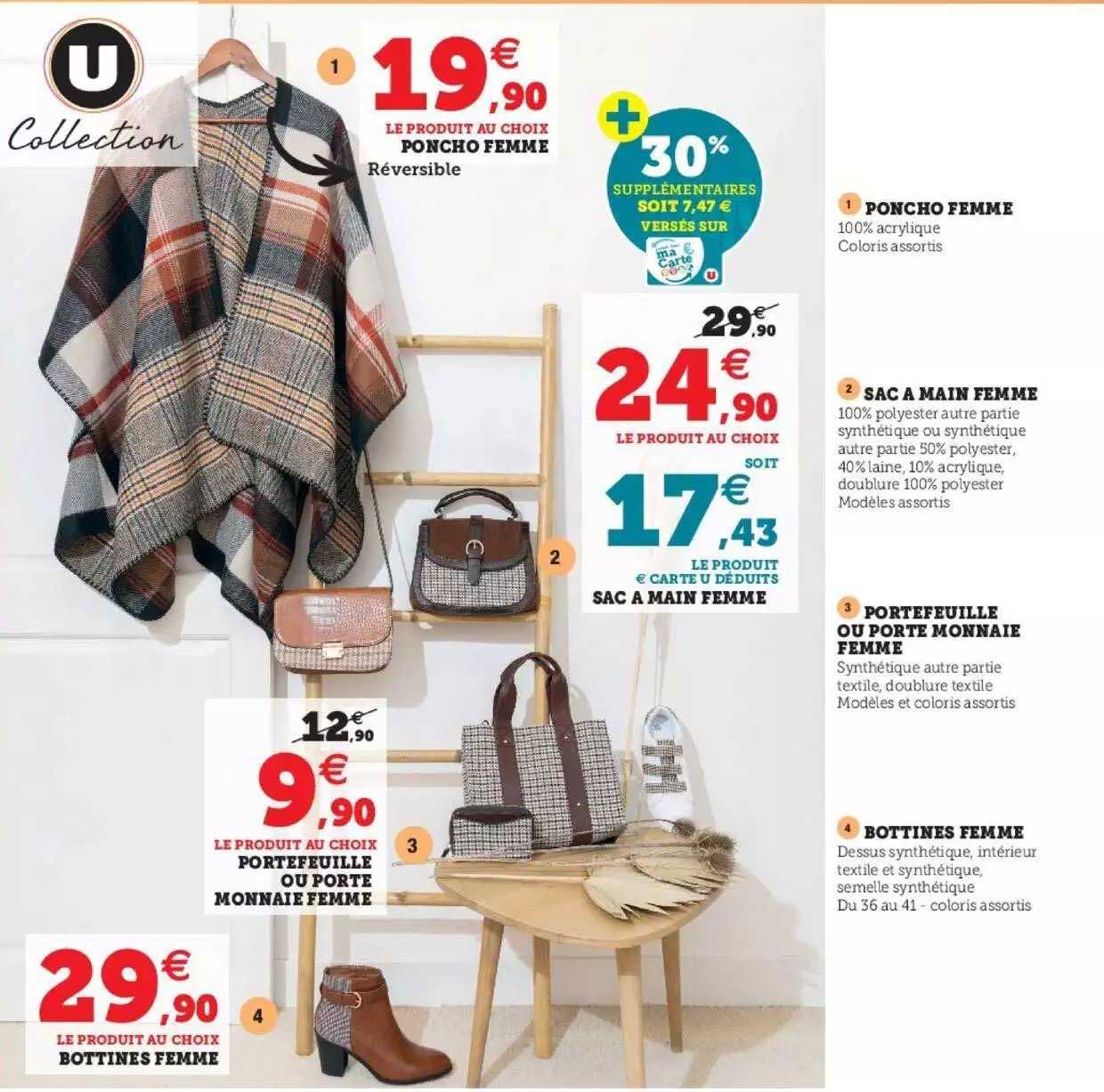 poncho femme, sac à main femme, portefeuille ou porte monnaie femme, bottines femme u collection