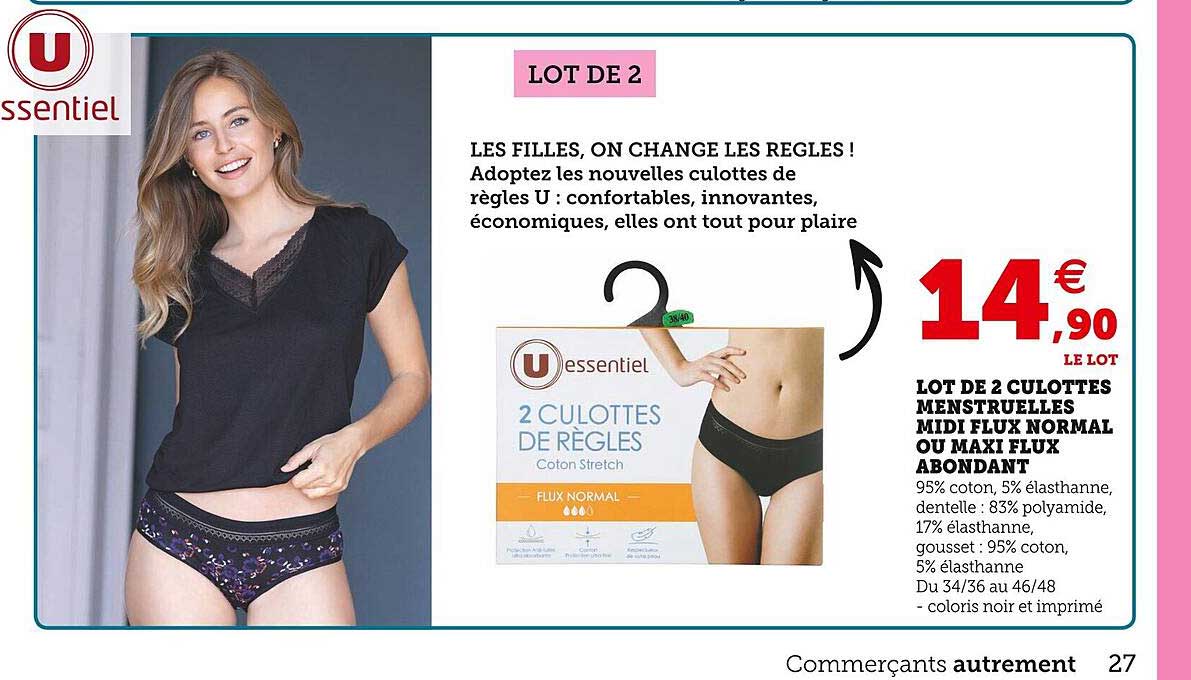 lot de 2 culottes menstruelles midi flux normal ou maxi flux abondant u essentiel