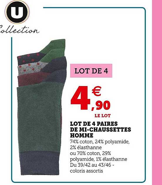 lot de 4 paires de mi-chaussettes homme u collection