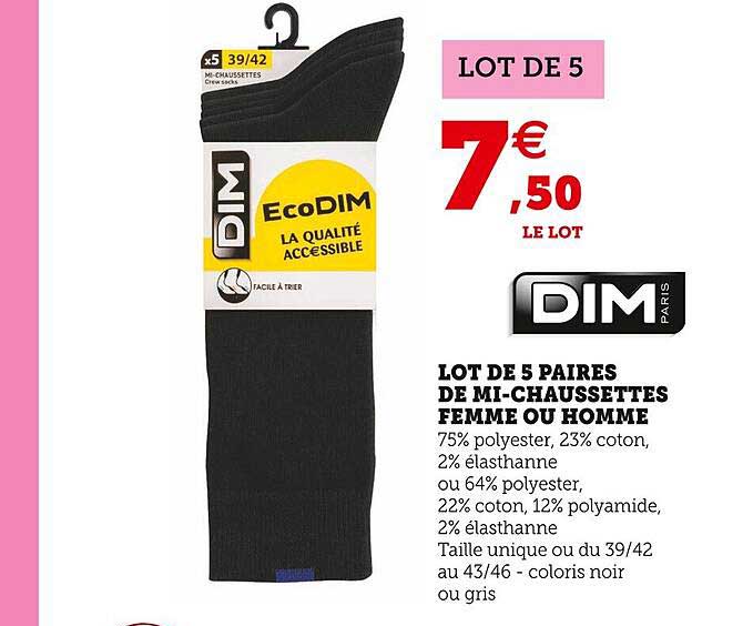 lot de 5 paires de mi-chaussettes femme ou homme dim paris