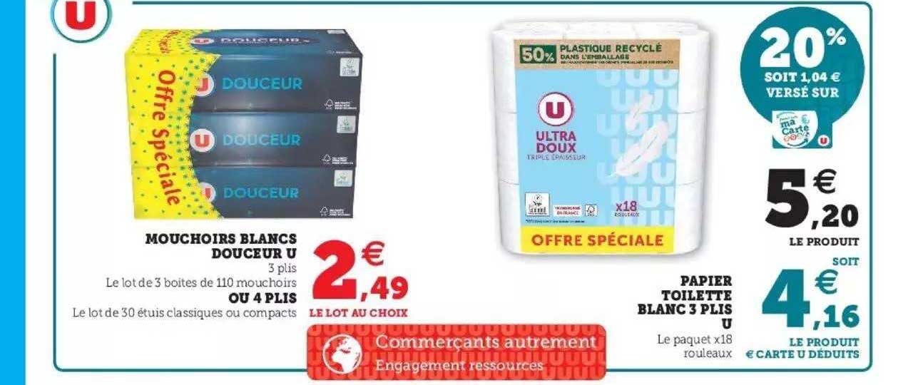 mouchoirs blancs douceur u ou 4 plis, papier toilette blanc 3 plis u