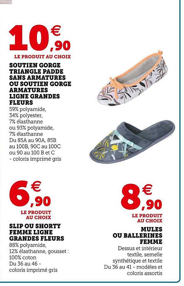 soutien gorge triangle padde sans armatures ou soutien gorge armatures ligne grandes fleurs, slip ou shorty femme ligne grandes fleurs, mules ou ballerines femme