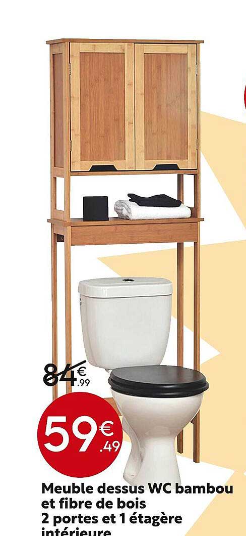 meuble dessus wc bambou et fibre de bois 2 portes et 1 étagère