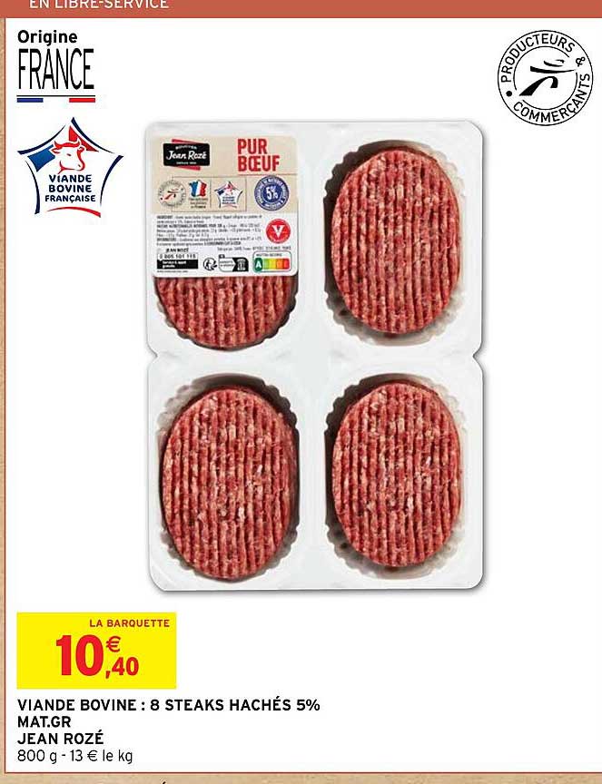 viande bovine : 8 steaks hachés 5% mat.gr. jean rozé