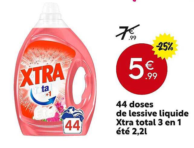 44 doses de lessive liquide xtra total 3 en 1 été 2,2l