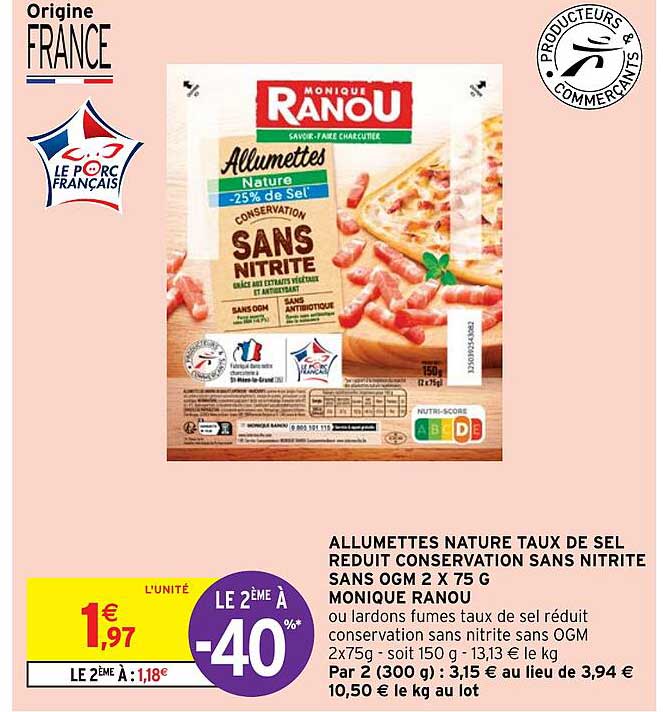 Allumettes Nature Taux De Sel Réduit Conservation Sans Nitrite Sans Ogm 2 X 75 G Monique Ranou