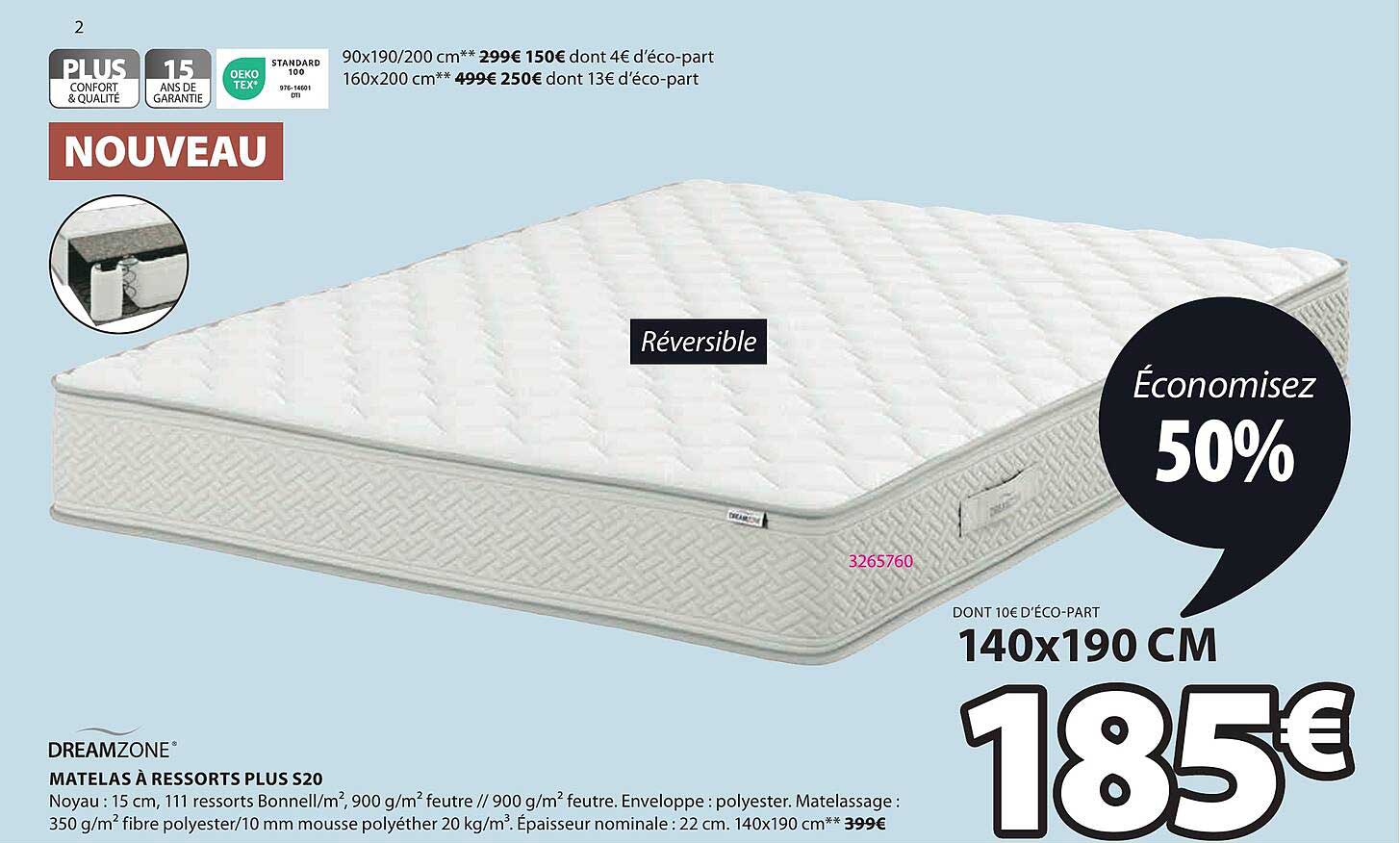 dreamzone matelas à ressorts plus s20