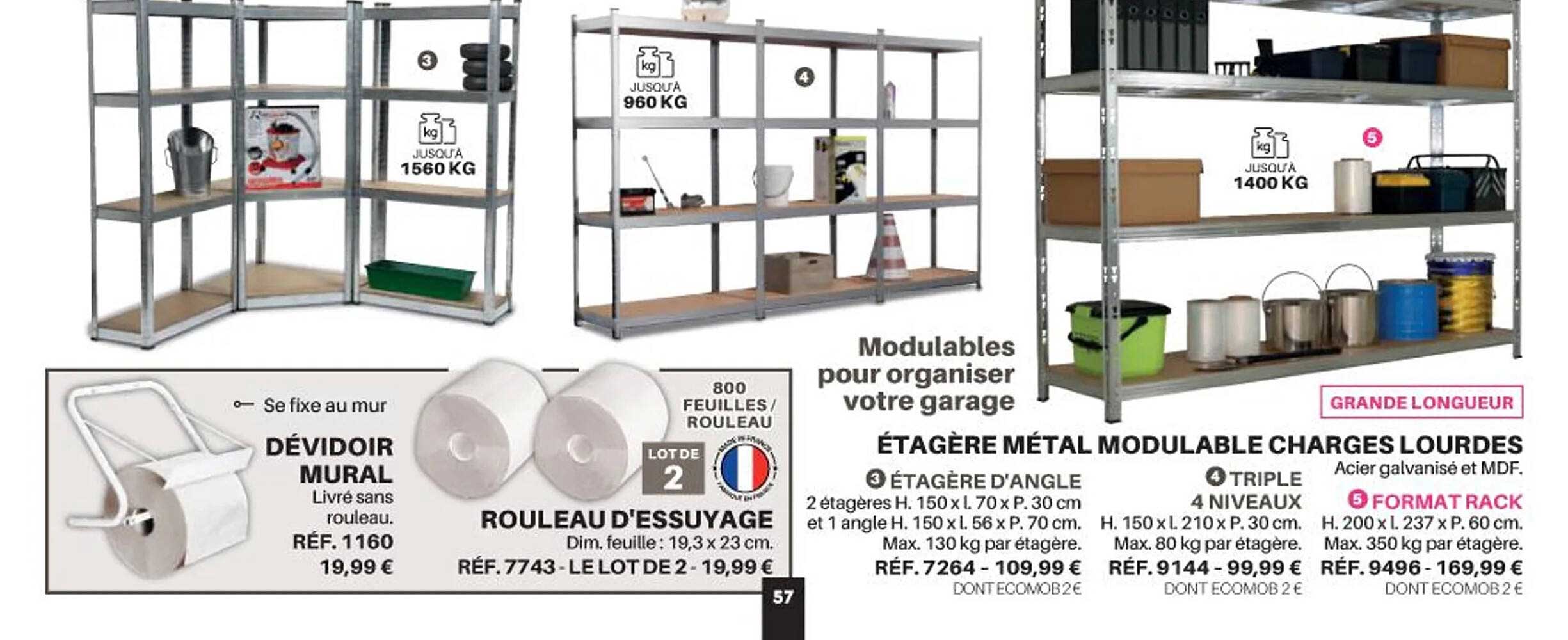étagère métal modulable charges lourdes ou dévidoir mural