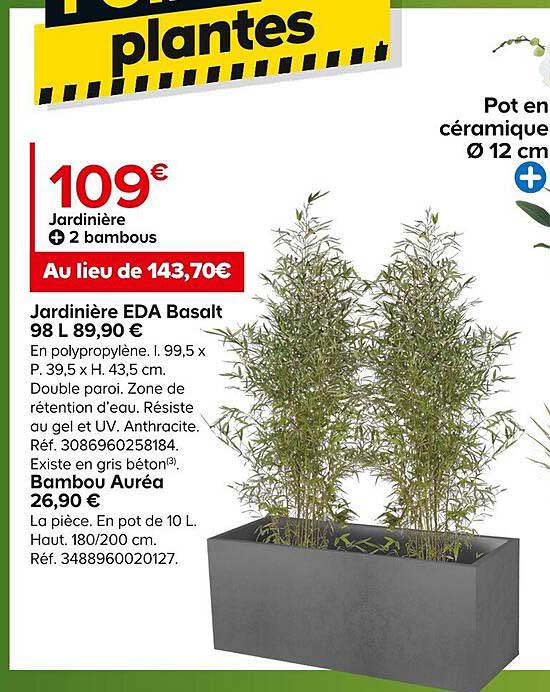 jardinière eda basalt 98l + 2 bambous auréa
