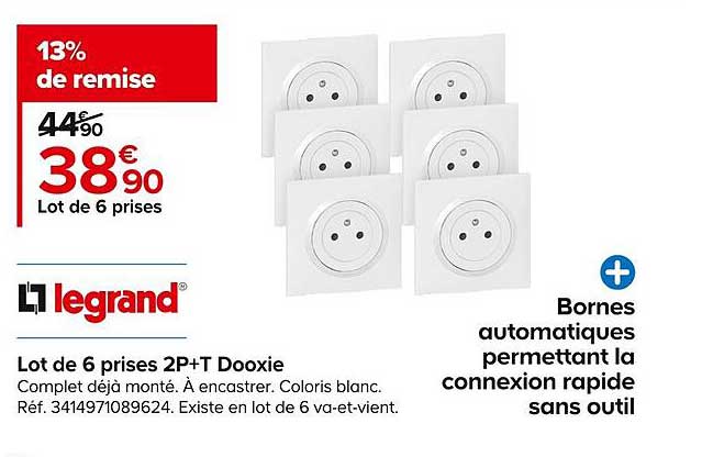 lot de 6 prises 2p+t dooxie legrand