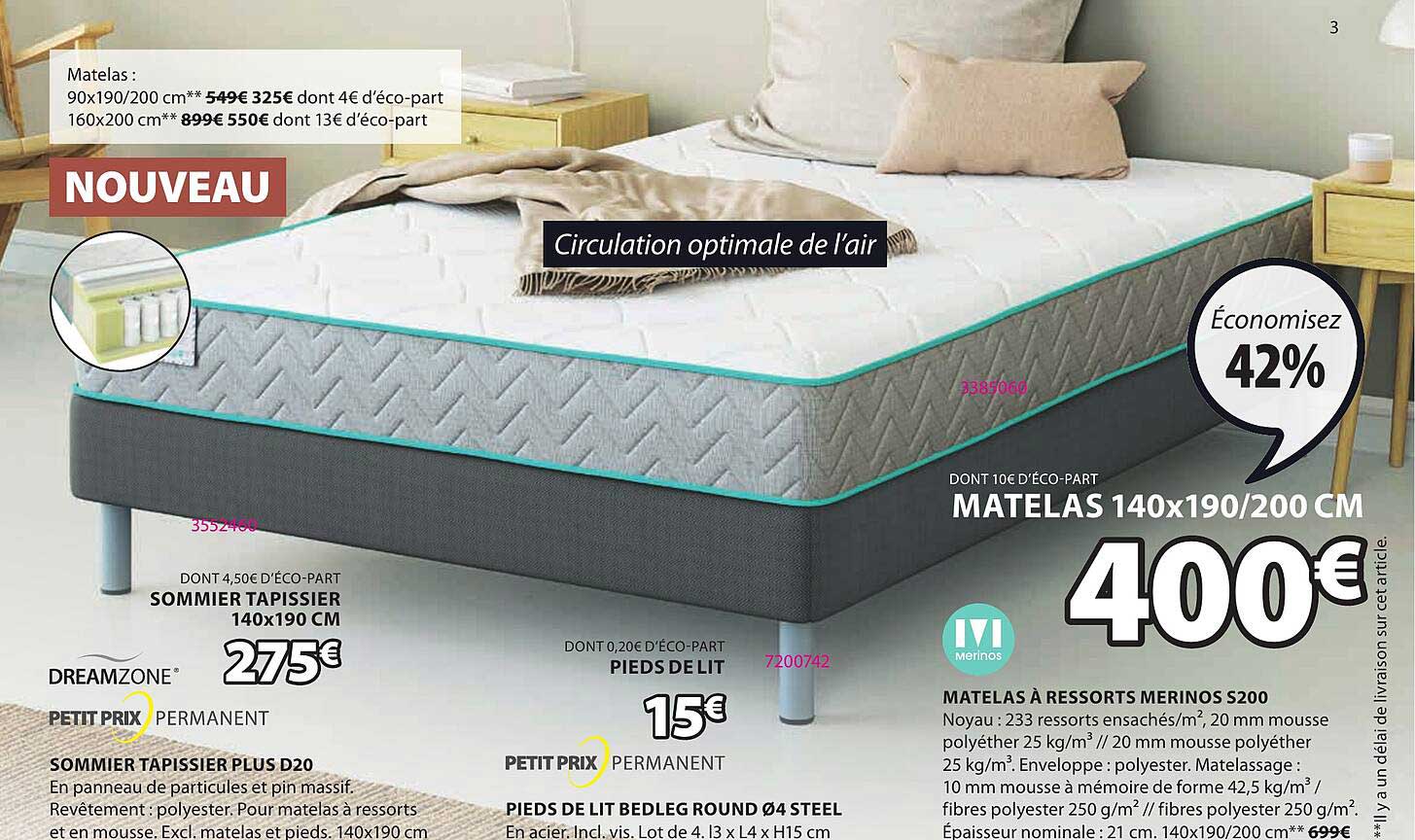 matelas à ressorts merinos s200 ou petit prix permanent sommier tapissier plus d20 our pieds de lit bedleg round