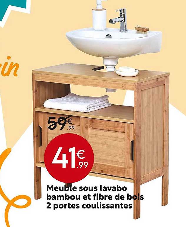 meuble sous lavabo bambou et fibre de bois 2 portes coulissantes