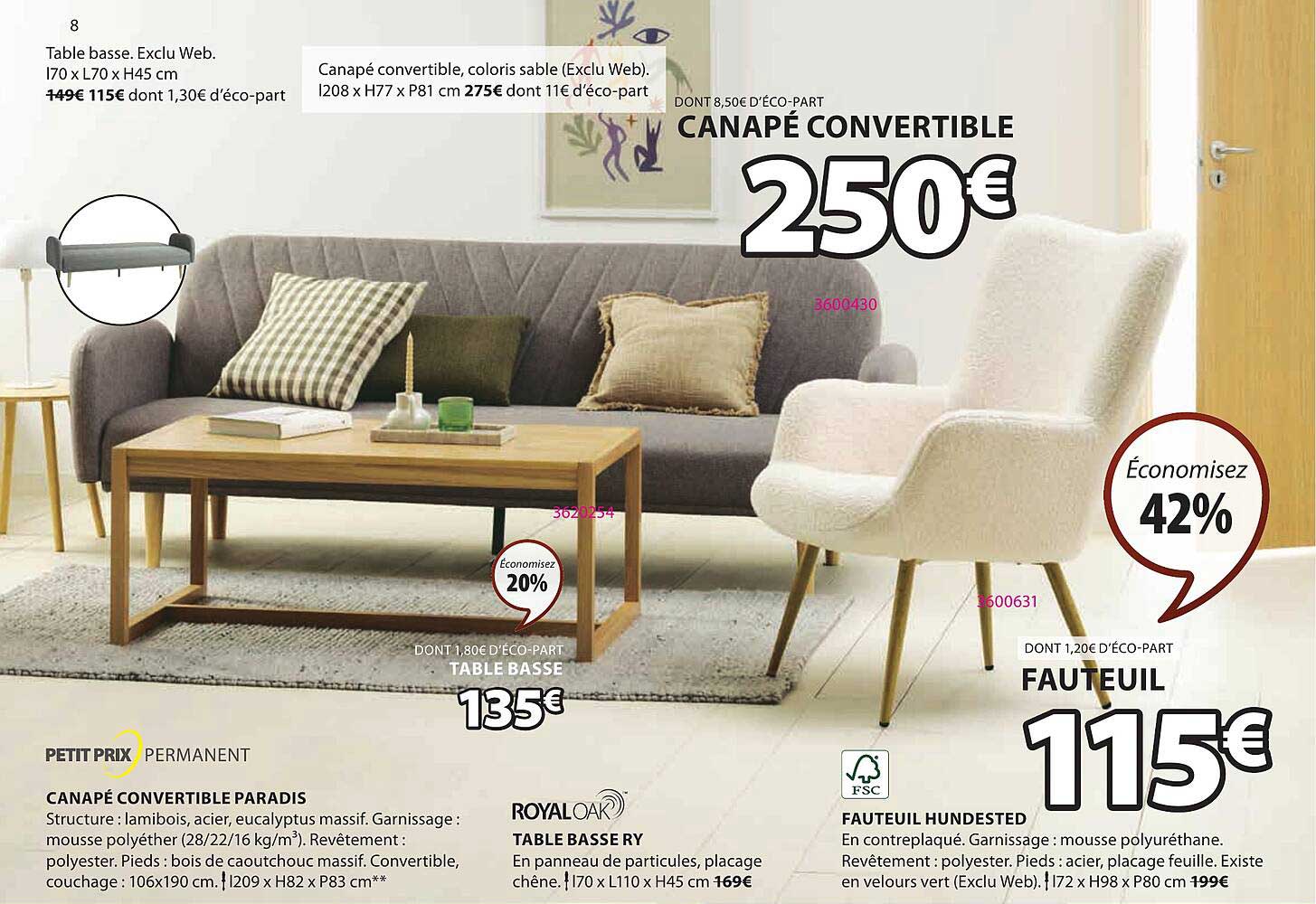 petit prix permanent canapé convertible paradis ou royal oak table basse ry ou fauteuil hundested