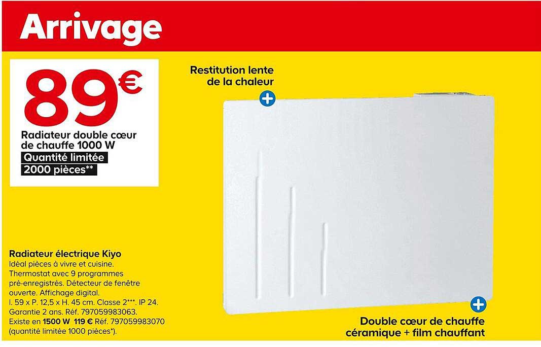 radiateur double coeur de chauffe 1000w électrique kiyo