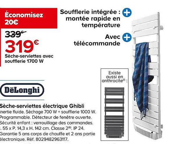 sèche-serviettes avec soufflerie électrique 1700w ghibli dëlonghi