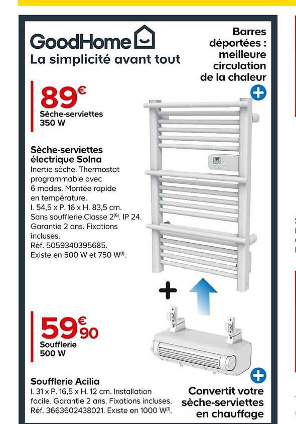 sèche-serviettes électrique solna 350w, soufflerie acilia 500w