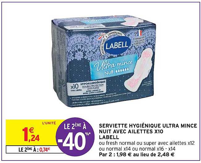 Serviette Hygiénique Ultra Mince Nuit Avec Ailettes X 10 Labell