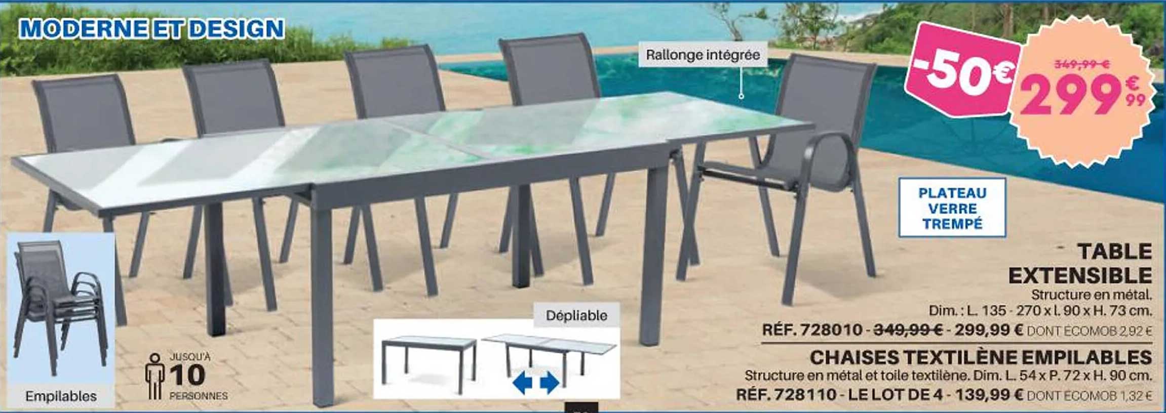 table extensible our chaises textilène empilables