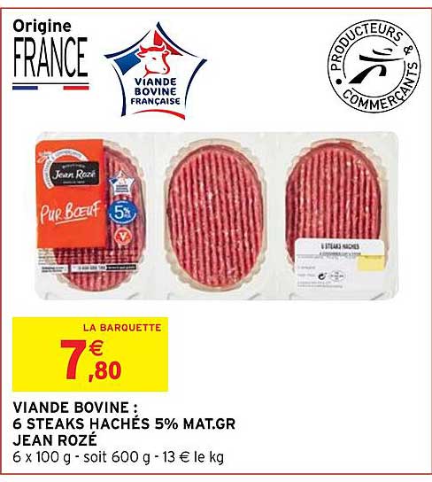 viande bovine : 6 steaks hachés 5% mat.gr. jean rozé