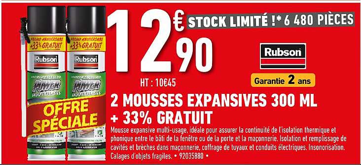 2 mousses expansives 300 ml + 33% gratuit