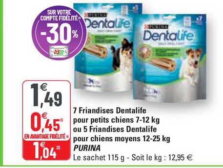 7 friandises dentalife pour petits chiens 7-12 kg ou 5 friandises dentalife pour chiens moyens 12-25 kg purina