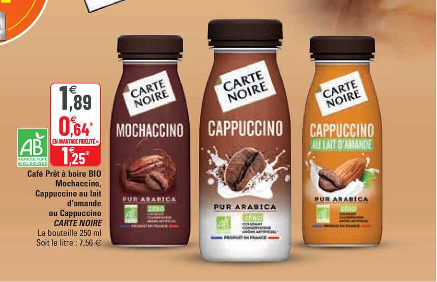 café prêt à boire bio mochaccino, cappuccino au lait d'amande ou cappuccino carte noire