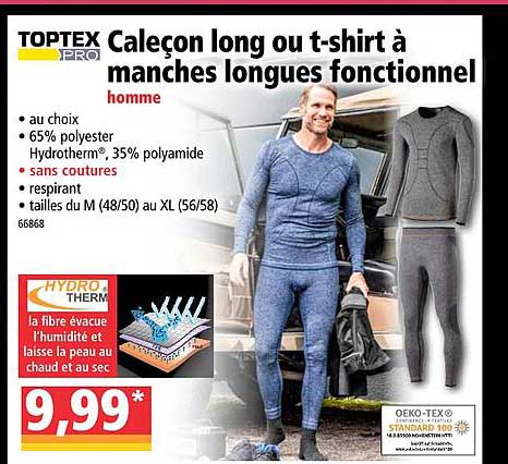 caleçon long ou t-shirt à manches longues fonctionnel toptex pro
