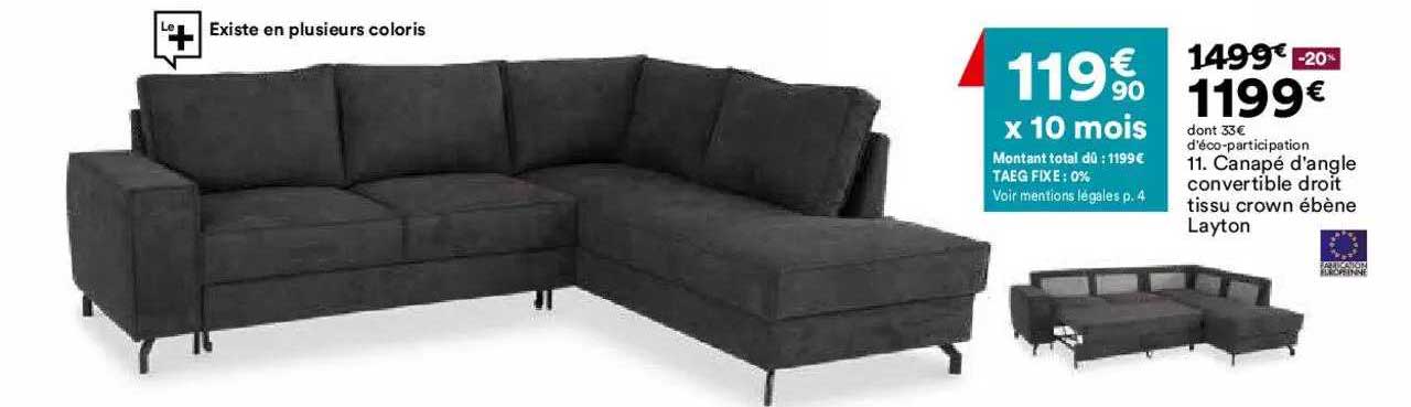 canapé d'angle convertible droit tissu crown ébène layton