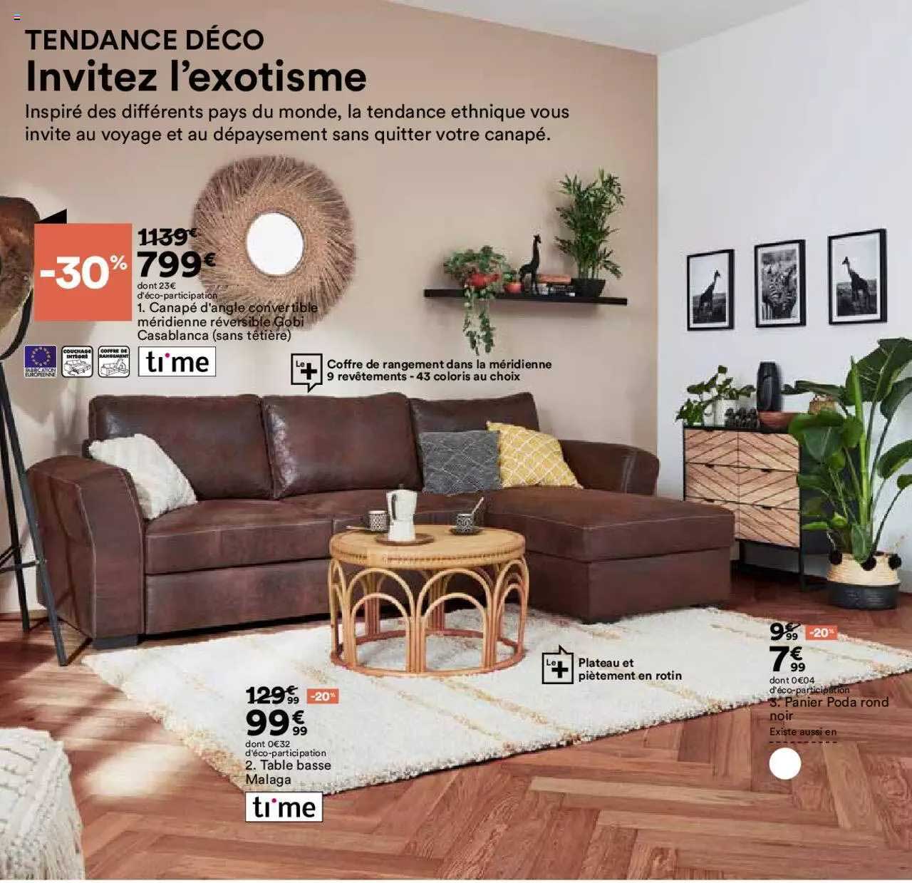 canapé d'angle convertible méridienne réversible gobi, table basse malaga, panier poda rond noir