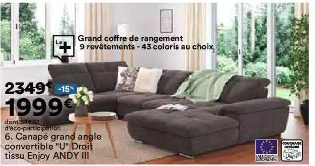 canapé grand angle convertible "u" droit tissu enjoy andy III
