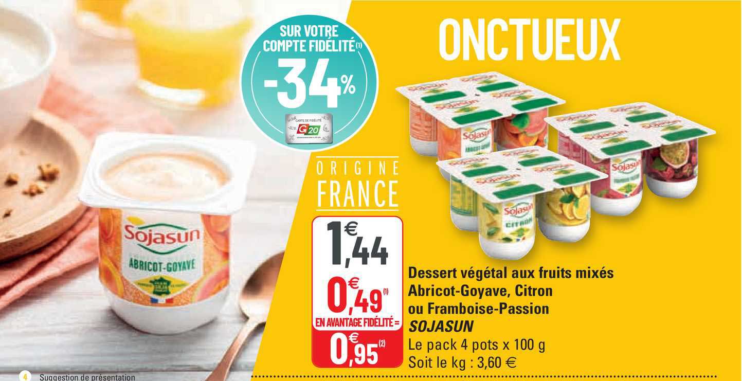 Dessert Végétal Aux Fruits Mixés Abricot-goyave, Citron Ou Framboise-passion Sojasun