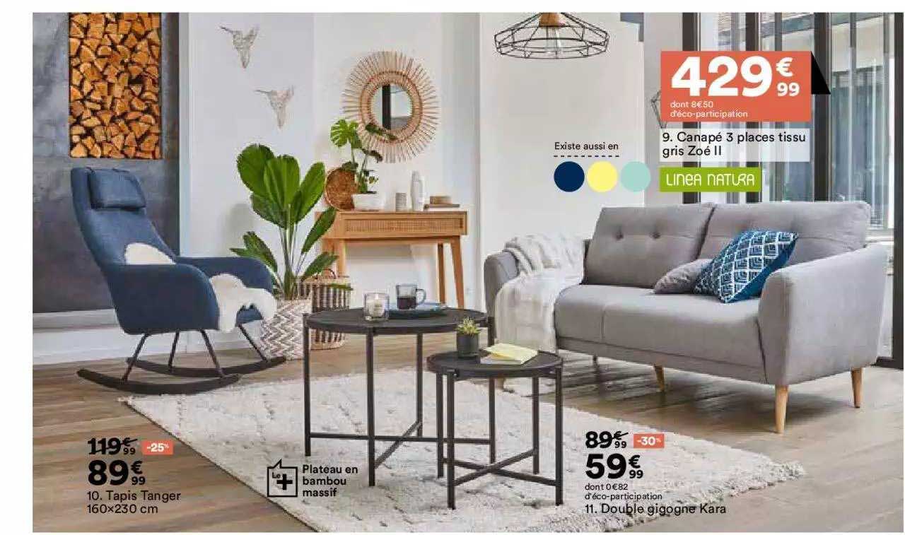 double gigogne kara ou tapis tanger ou canapé 3 places tissu gris zoé II linea natura