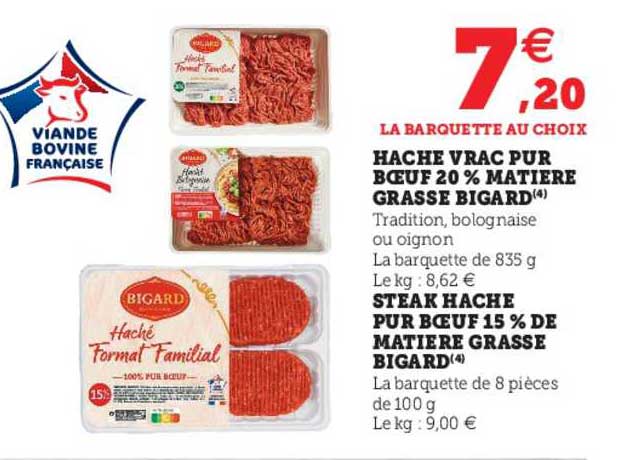 haché vrac pur bœuf 20% matière grasse bigard, steak haché pur bœuf 15% de matière grasse bigard