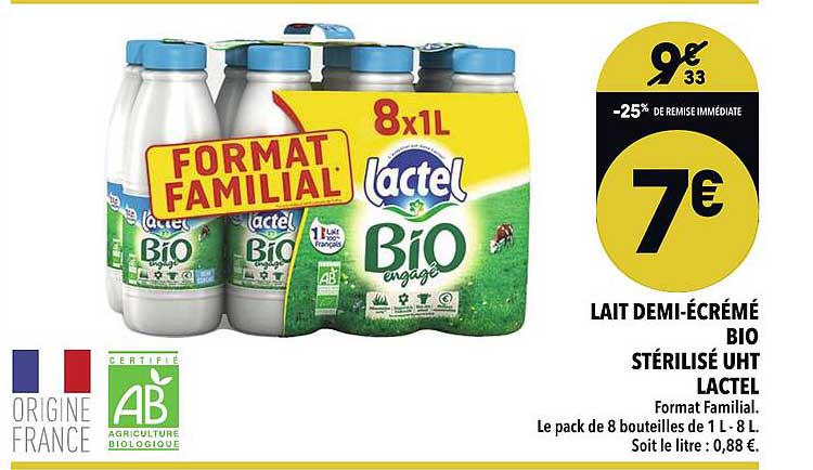 lait demi-écrémé bio stérilisé uht lactel
