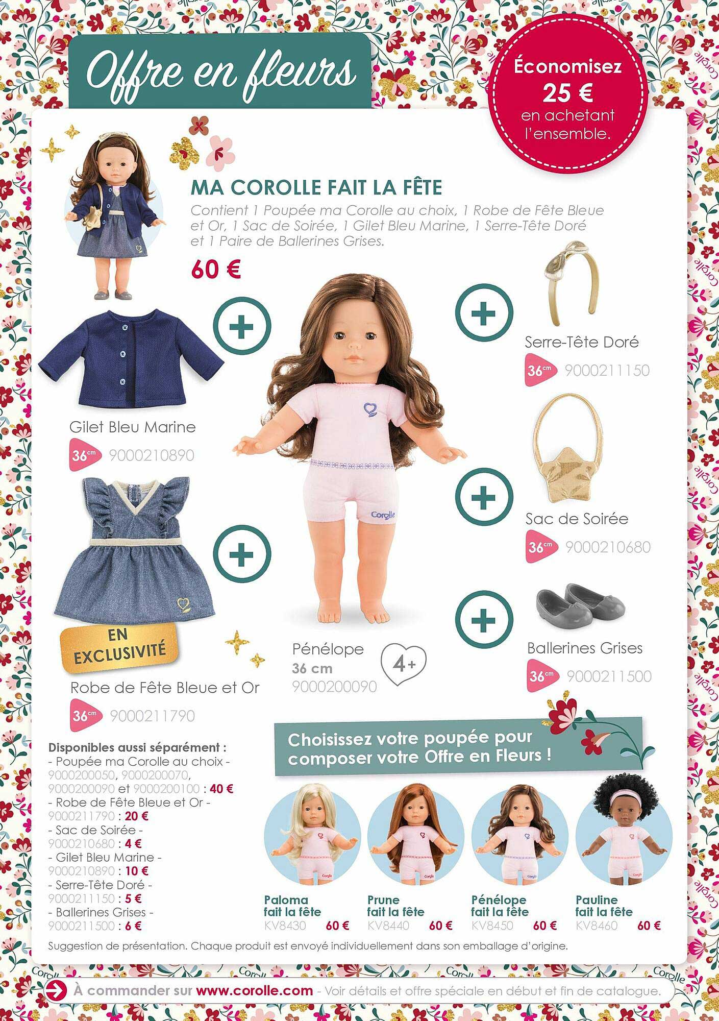ma corolle fait la fête : gilet bleu marine, serre-tête doré, sac de soirée, robe de fête bleue et or, ballerines grises