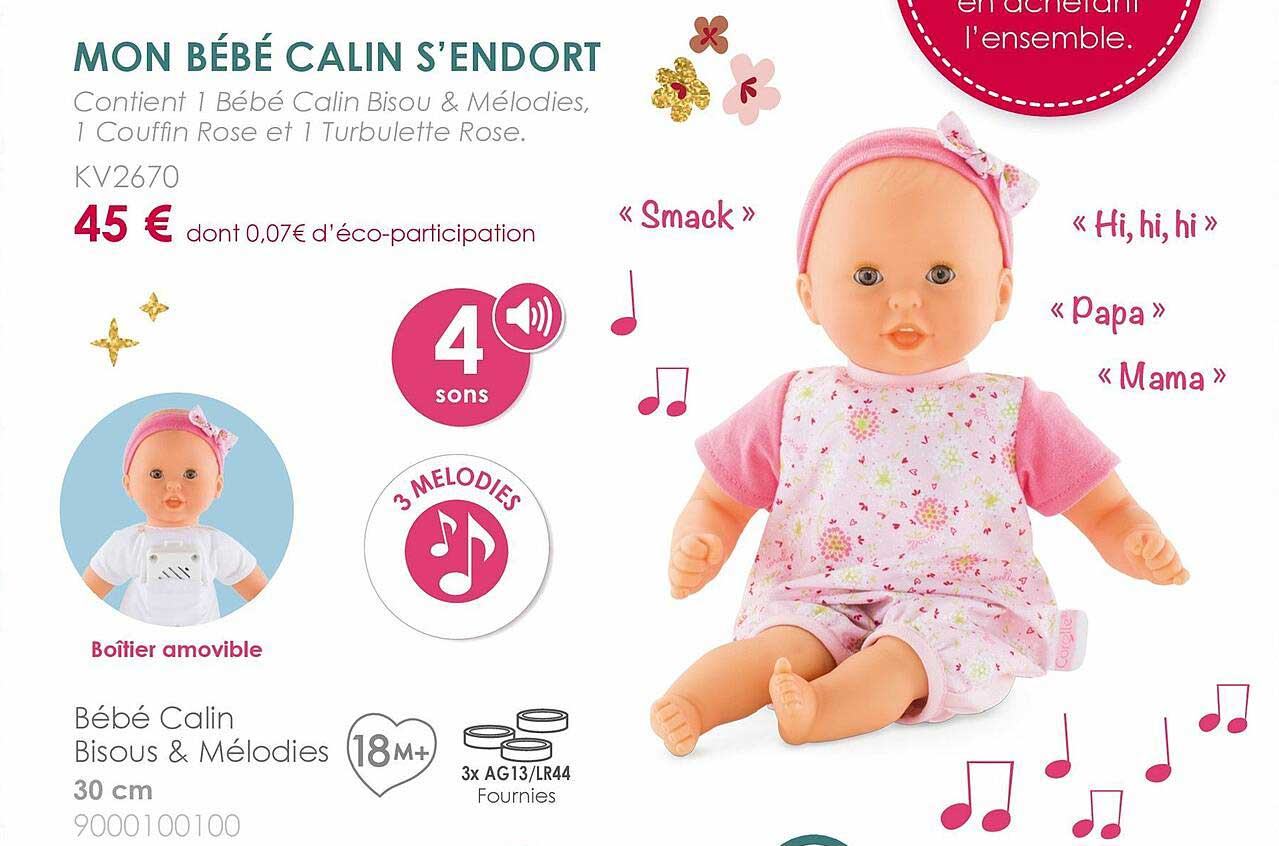 mon bébé calin d'endort : 1 bébé calin bisou & mélodies, 1 couffin rose et 1 turbulette rose, bébé calin bisous & mélodies