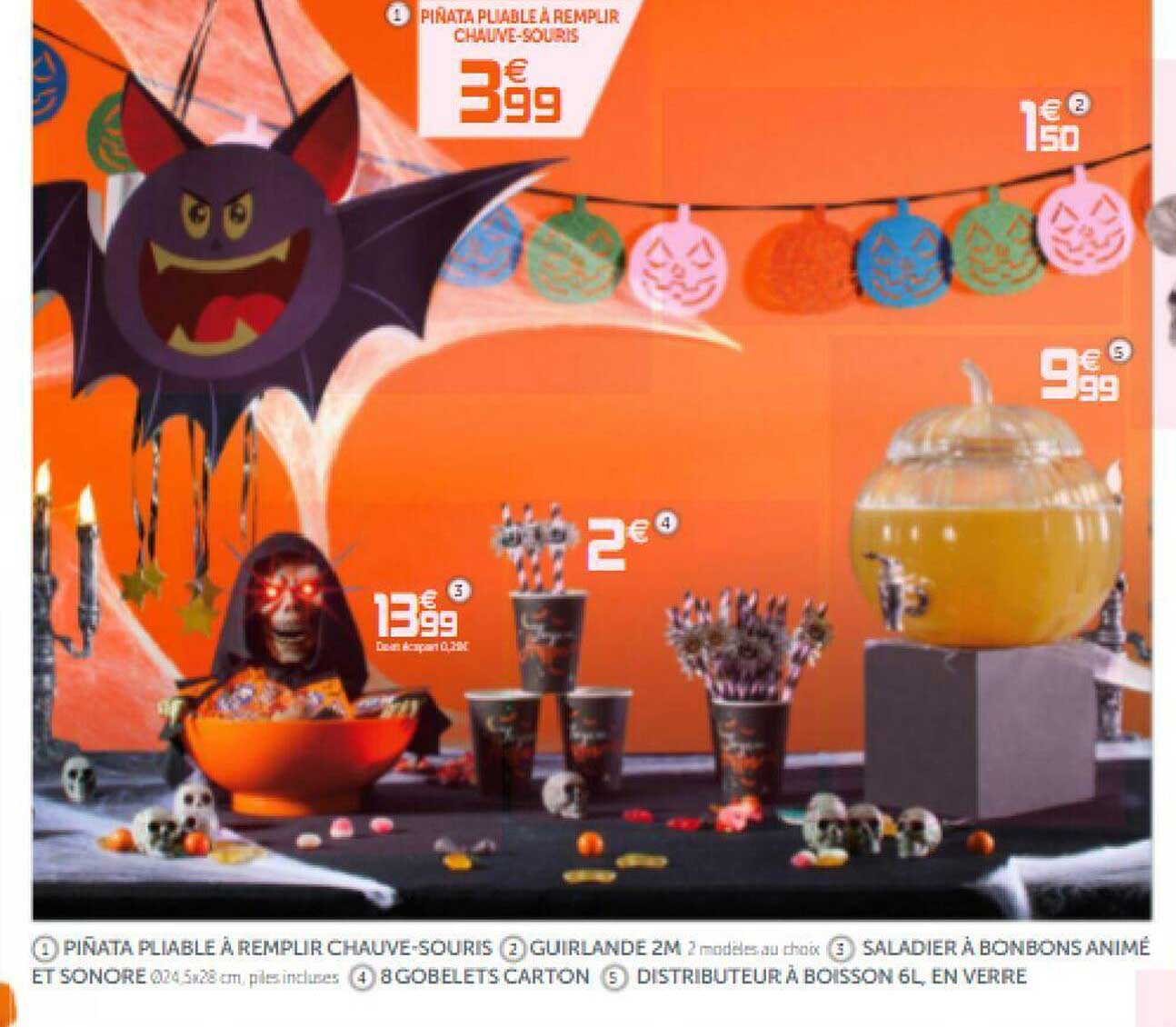 piñata pliable à remplir chauve-souris, guirlande 2m, saladier à bonbons animé et sonore, 8 gobelets carton, distributeur à boisson 6l, en verre