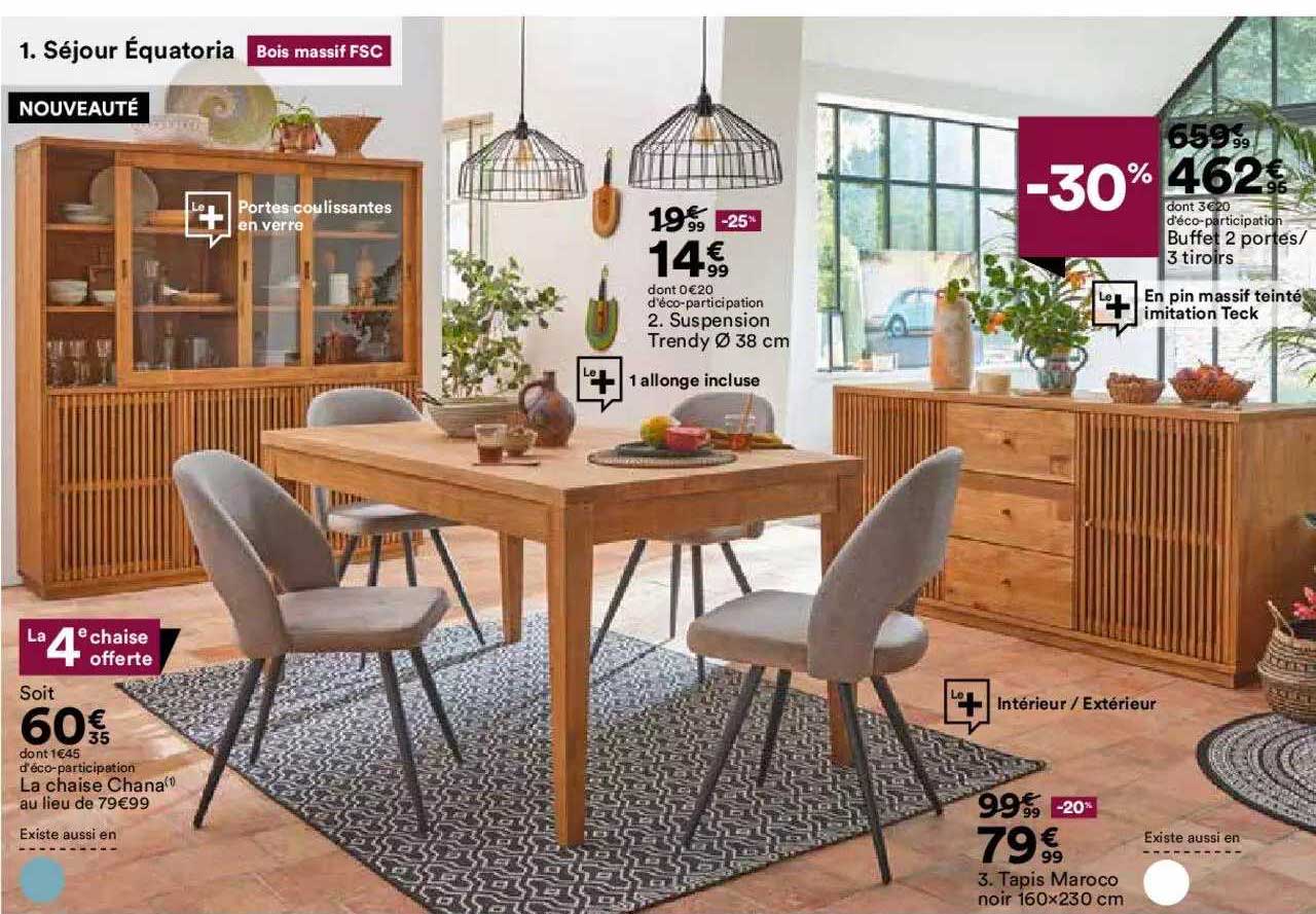 séjour équatoria : la chaise chana, tapis maroco noir 160 x 230 cm, suspension trendy ø38 cm, buffet 2 portes - 3 tiroirs