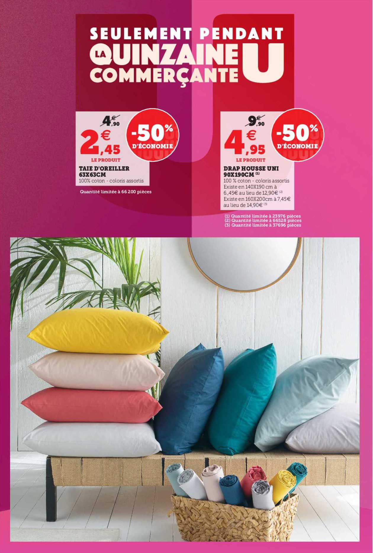 taie d'oreiller 63 x 63 cm, drap housse uni 90 x 190 cm