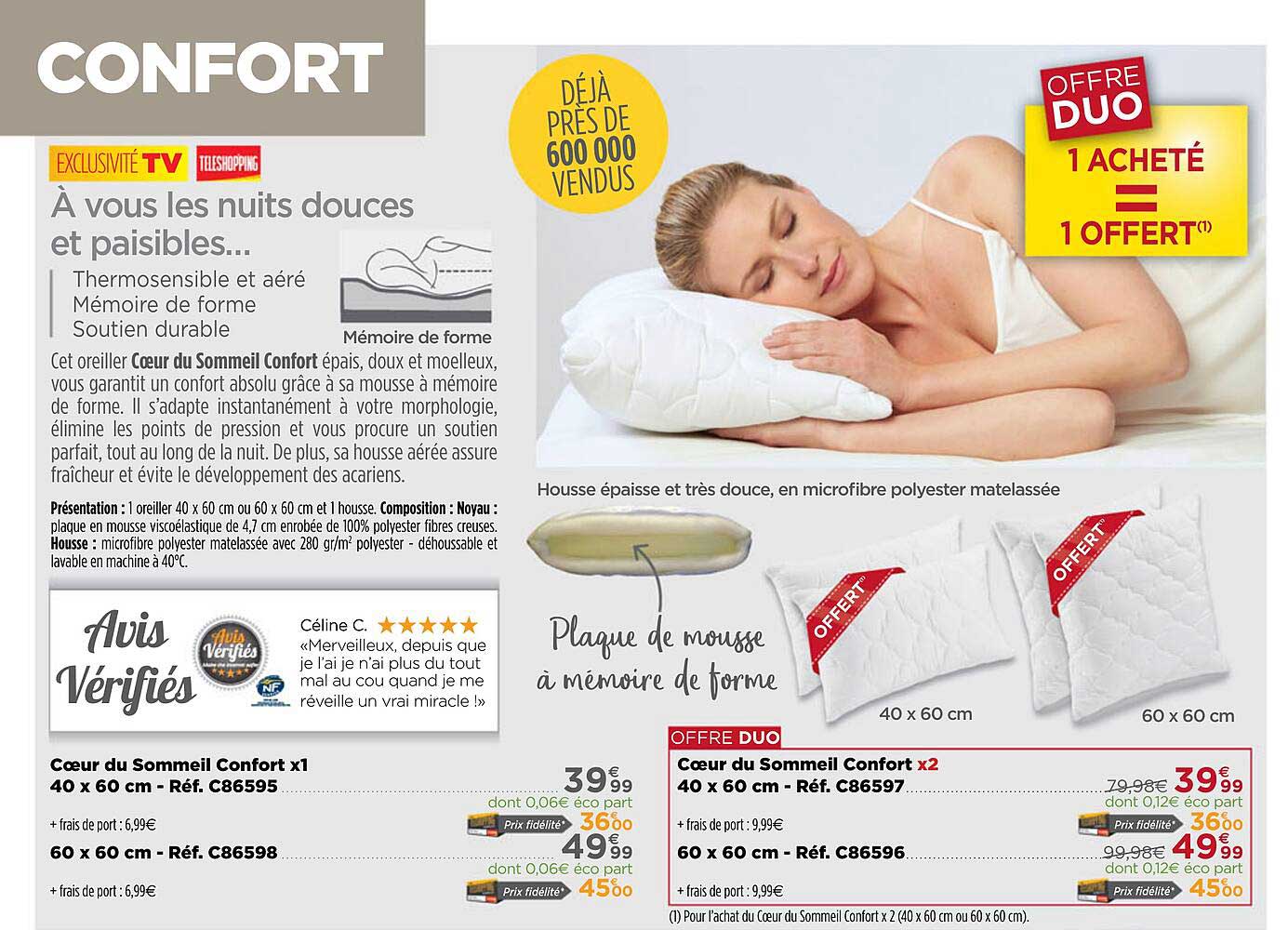 coeur du sommeil confort 40 x 60 cm, 60 x 60 cm