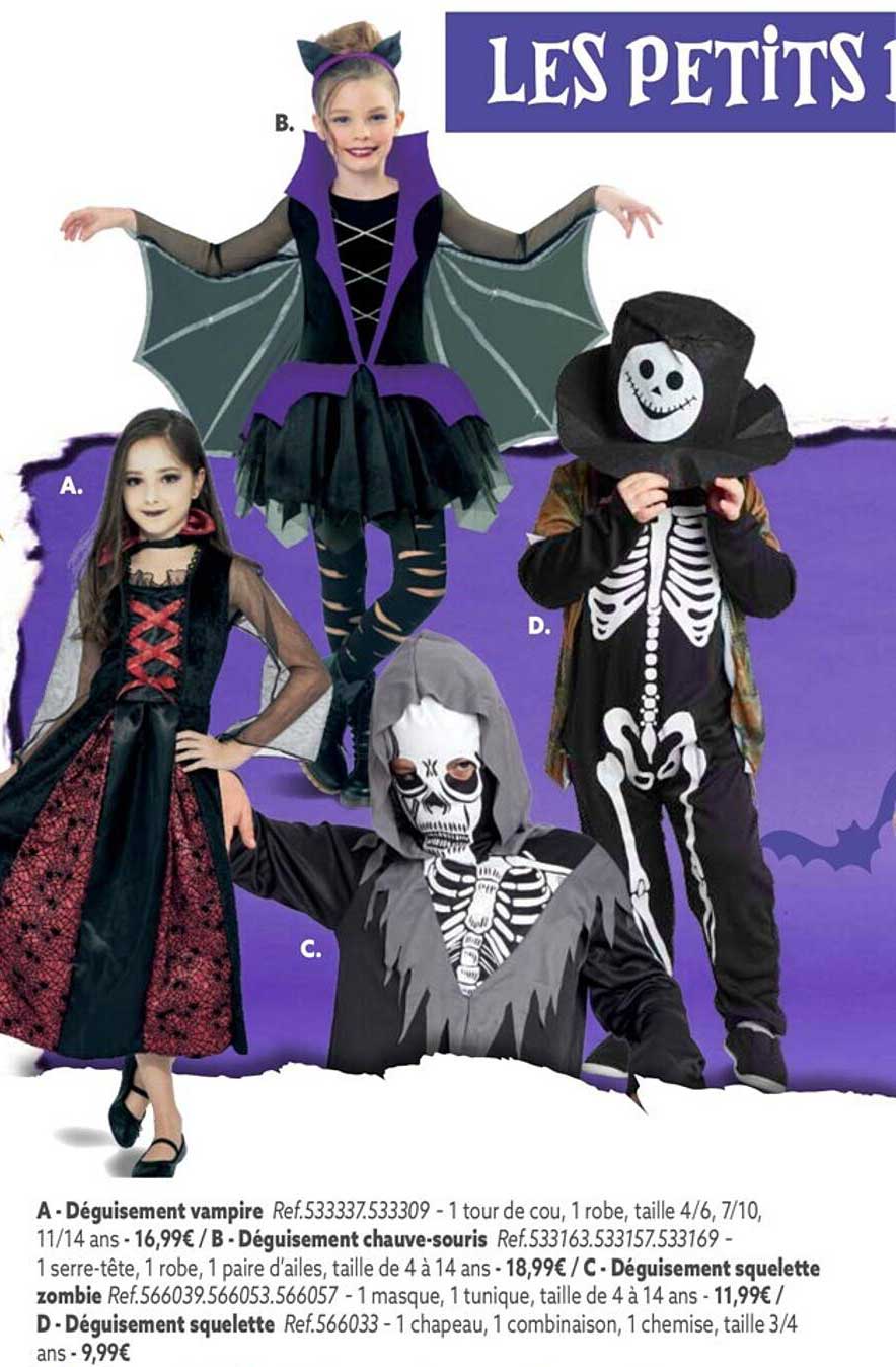 déguisement vampier, déguisement chauve-souris, déguisement squelette zombie, déguisement squelette