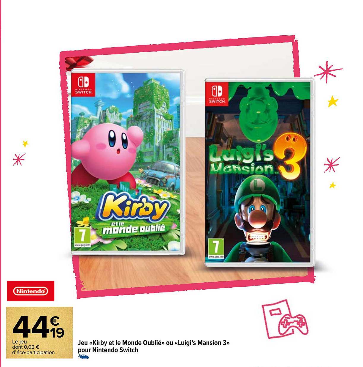 jeu «kirby et le monde oublié» ou «luigi's mension» pour nintendo switch