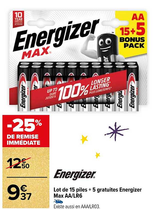 lot de 15 piles + 5 gratuites energizer max aa-lr6