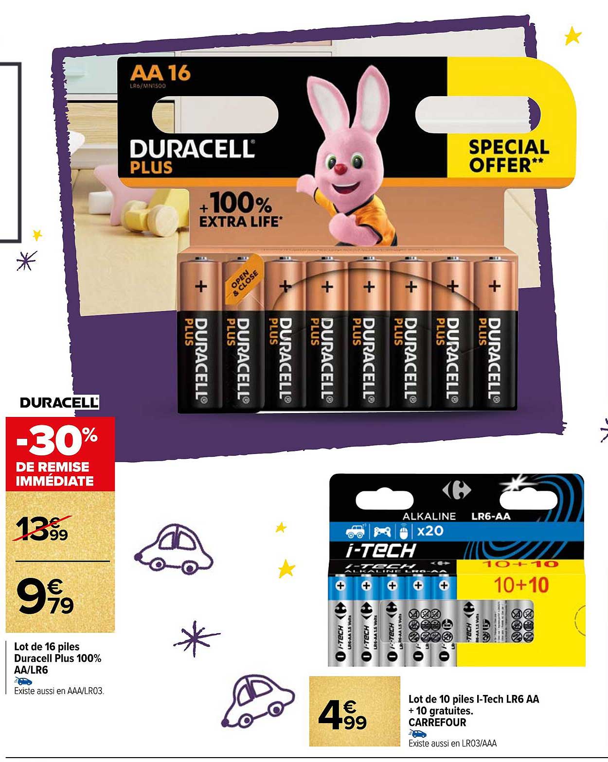 lot de 16 piles duracell plus 100% aa-lr6, lot de 10 piles i-tech lr6 aa + 10 gratuites carrefour