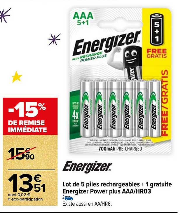 lot de 5 piles rechargeables + 1 gratuite energizer power plus aaa-hr03