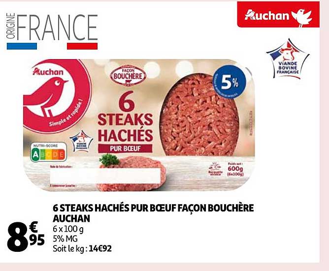 6 steaks hachés pur boeuf façon bouchère auchan