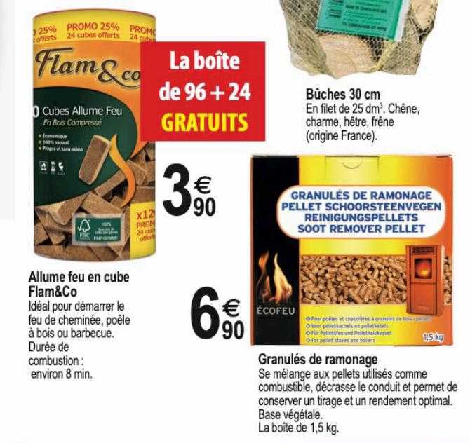 allume feu en cube flam & co, granulés de ramonage, bûches 30 cm