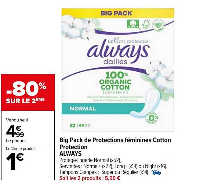 big pack de protections féminines cotton protection always