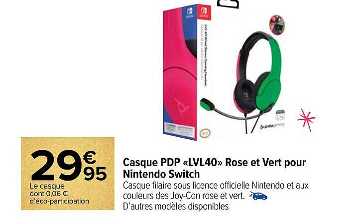 casque pdp «lvl40» rose et vert pour nintendo switch