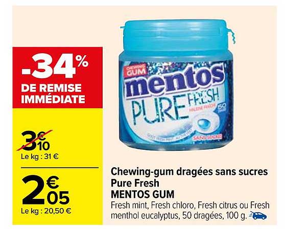 Chewing-gum Dragées Sans Sucres Pure Fresh Mentos Gum